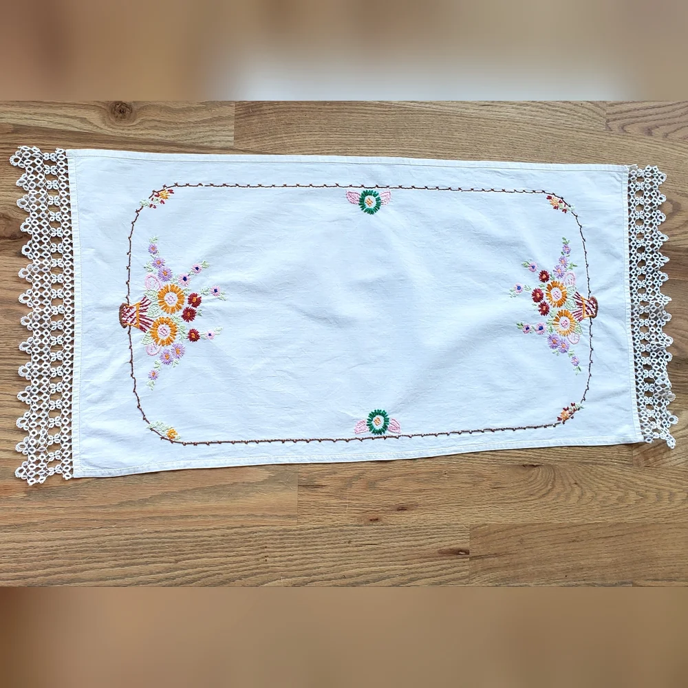 Vintage Handcrafted Needlepoint Flowers Table Runner, Crochet Edge, 37